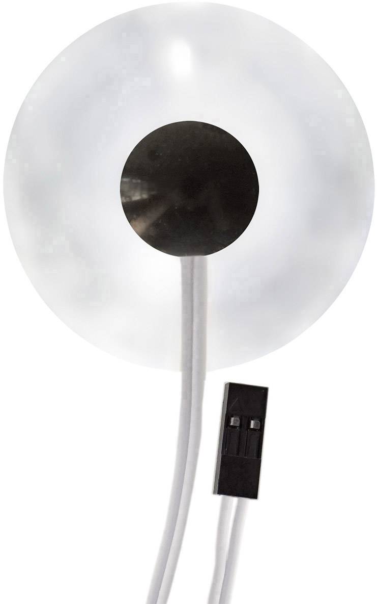 A round, transparent lens with a black centre, two white cables, and a black plug; technical device.