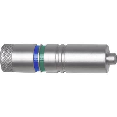 Silver cylindrical connector with blue and green rings, likely part of a compressed air system or hydraulic quick-coupling system.
