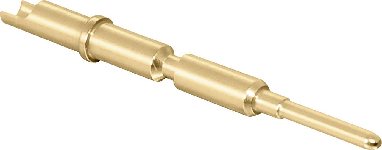 A gold-coloured metallic contact pin, cylindrically shaped, with multiple sections, serves as an electrical connection plug.