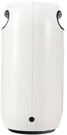A white, cylindrical household item with a smooth surface. Possibly an air purifier or similar device.