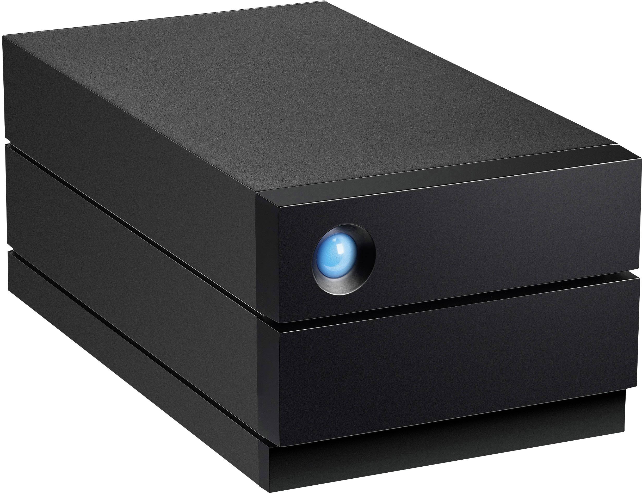 An external black hard drive storage device with a blue control light on the front.