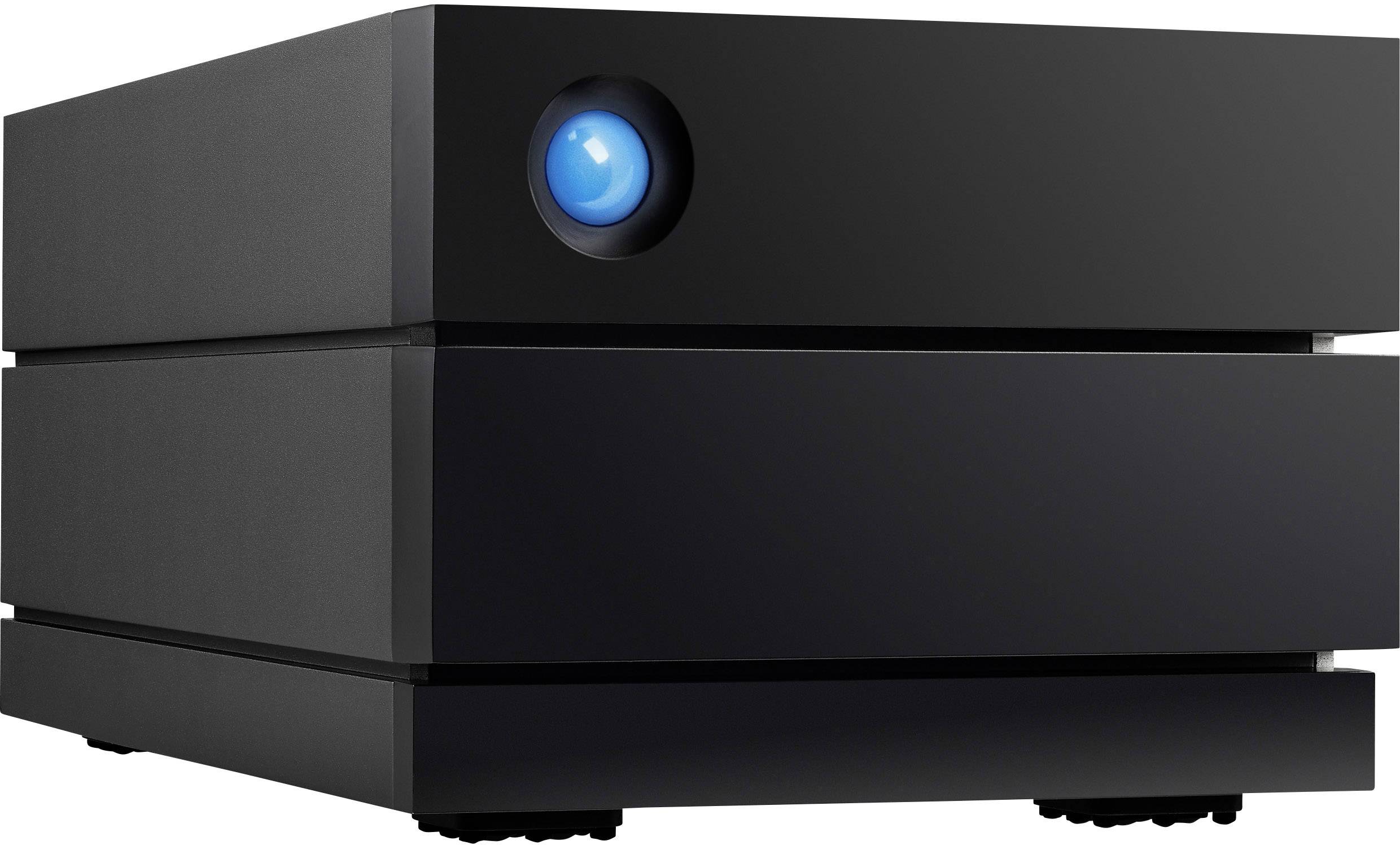 A black, cube-shaped device with a bright blue light on the front.
