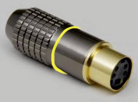 'Close-up of a 4-pin XLR connector with metal casing and gold-coloured contacts on a grey background.'