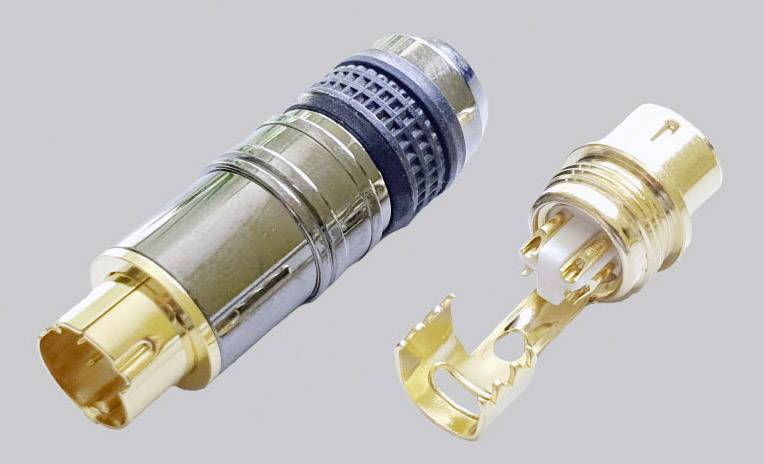 'Two disassembled metal plug connections, one with a protective housing and one without, against a grey background.'