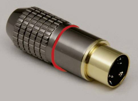 A black and gold XLR plug with a red ring, used for audio connections.