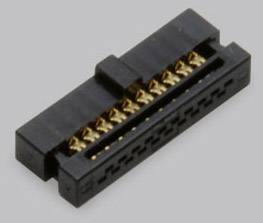 A black electrical connector with gold-plated contacts, suitable for electronic devices.