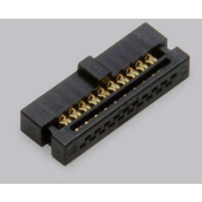 Black electrical connector with multiple golden contacts, on a grey background.