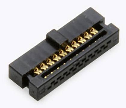 A black, rectangular electrical connector with gold contacts, used for connecting devices.