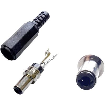 Three plug components: Black plastic part, metal middle section with connection, silver end piece. Suitable for electrical connections.