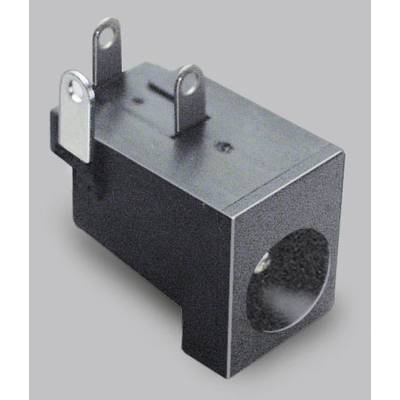 A black electric plug with metal contacts on a grey background.