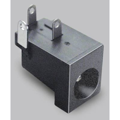A black electric connector with three metal terminals, suitable for plugging in power cables for electronic devices.