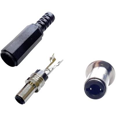 Three plug components, consisting of plastic and metal parts, clockwise from above: outer casing, inner segment, end piece.