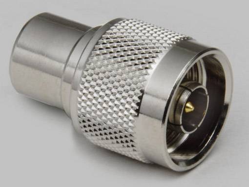 Metal plug, similar to a coaxial connector, with a knurled surface for improved grip.