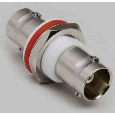A metal BNC coupling part with an orange and white seal against a neutral background.