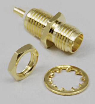 Golden metal pin with a threaded nut and serrated washer, potentially for electronic or mechanical connections.