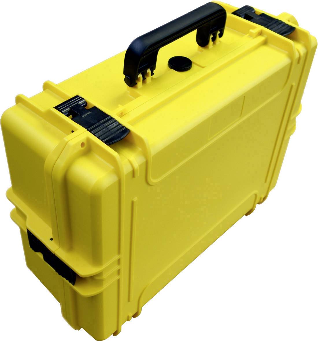 Yellow, robust plastic case with black carrying handle; suitable for the safe transportation of sensitive equipment.