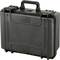 Black, rectangular protective case with handle and locks, suitable for the secure transportation of delicate equipment.