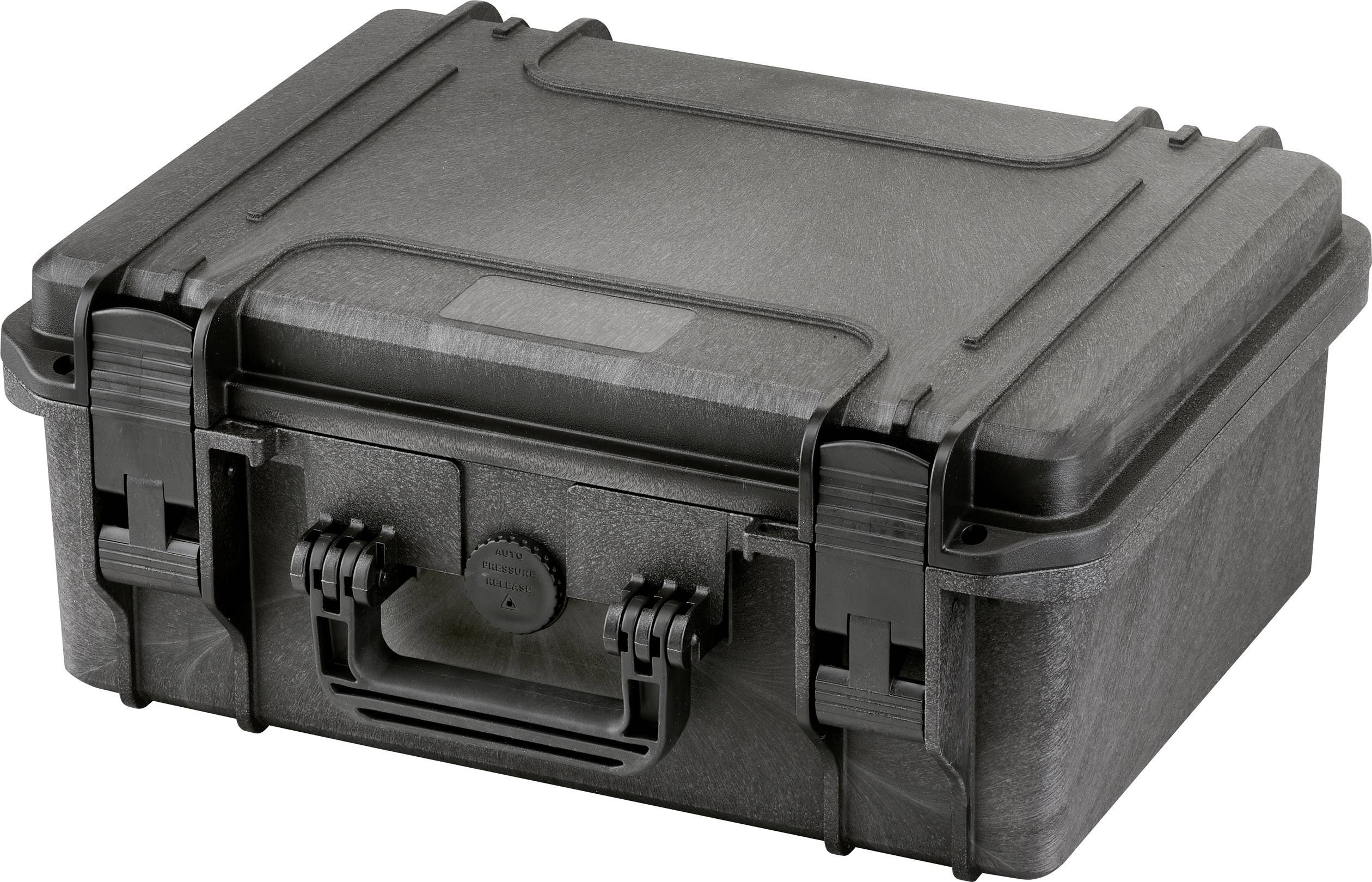 Black, robust protective case with handles and locks, used for securely storing and transporting delicate items.