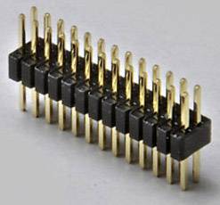 A 2x10-pin header connector with gold-plated contacts, used in electronic devices for connecting circuit boards.