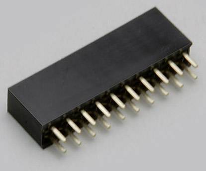 'A rectangular, black electronic plug with 16 gold-coloured pins. The plug is suitable for printed circuit board connections.'