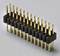A two-row black connector with gold pins, suitable for connecting electronic components.