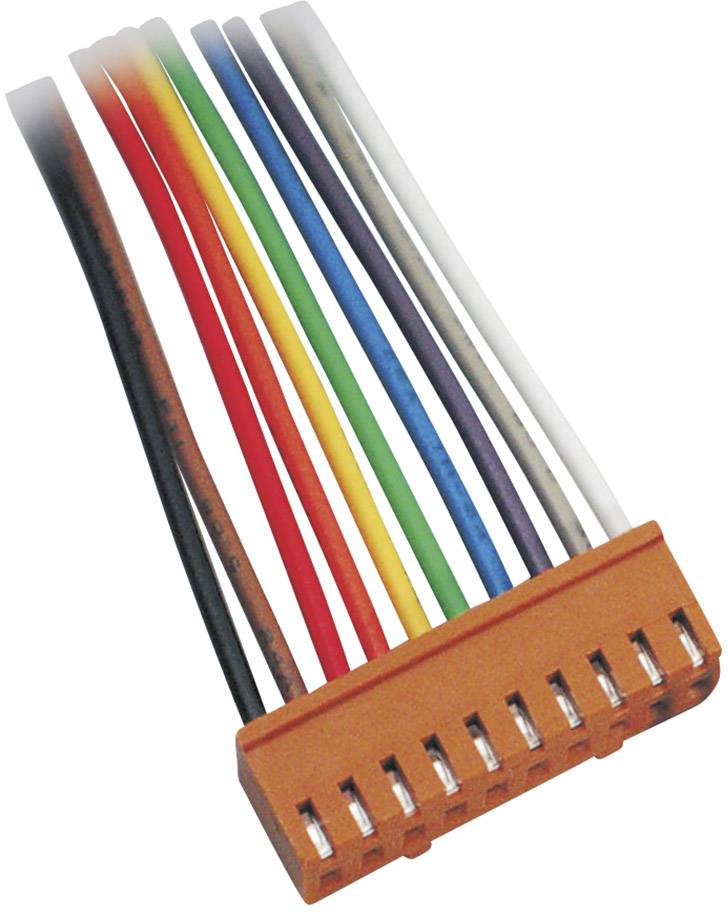 A cable harness with various colour-coded insulated wires in an orange connector, suitable for electronic applications.