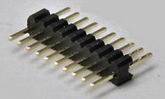 A single-row pin header connector with ten golden pins against a grey background, used in electronic circuits.