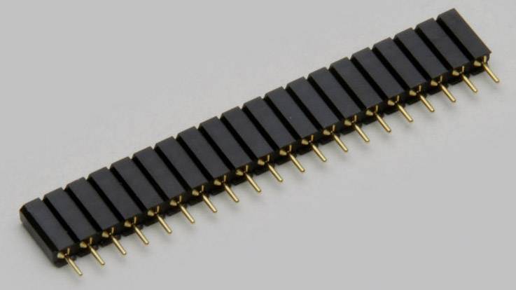 A row of 20 black and gold pin headers in a horizontal layout. Suitable for electrical connection of circuits.