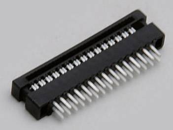 A black electrical connector with multiple metal pins, suitable for electronic devices and circuit boards.