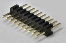 'A 10-pin header connector with black plastic components and gold metal pins, used for electronic connections.'