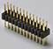 A double-row pin header connector with gold-plated pins and a black plastic housing. It is used for electrical connections on printed circuit boards.