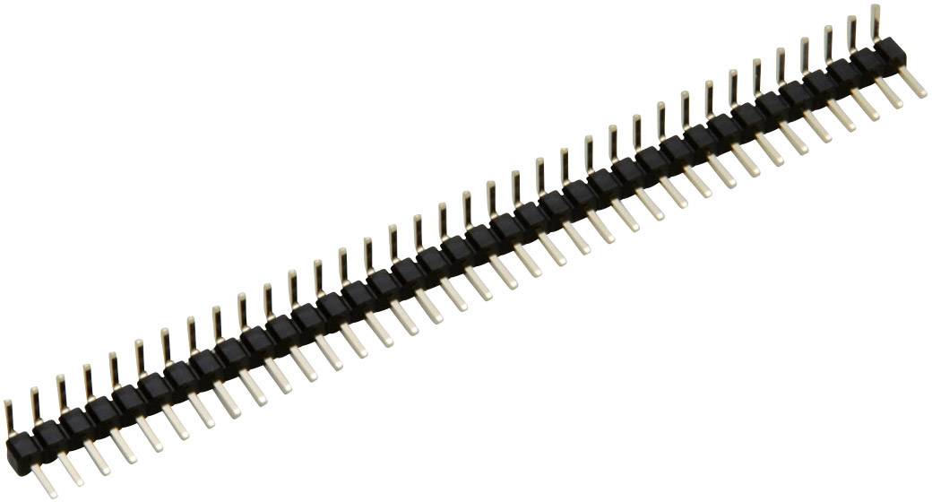A single-row pin header connector with multiple metal pins protruding from a black plastic housing.