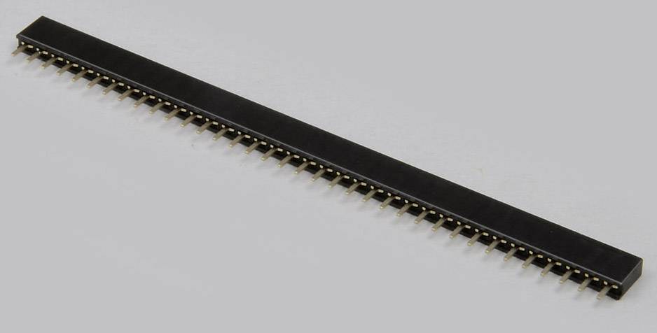 A black pin header with numerous metal pins, used in electronic circuits, against a grey background.