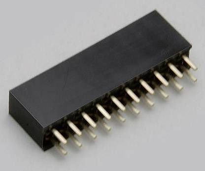 A black electronic plug with 16 golden pins.