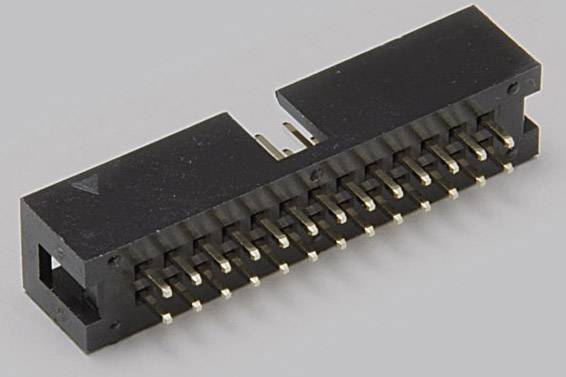 Black, rectangular electrical connector with two rows of pins; used for connecting electronic components.