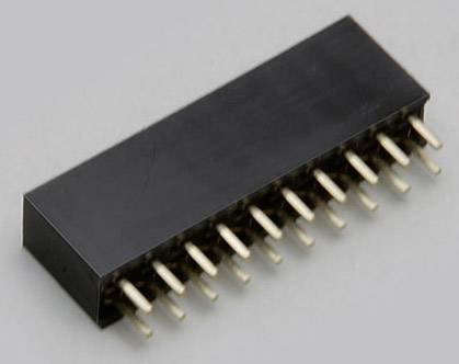 A black, rectangular, electronic connector with 16 gold pins.