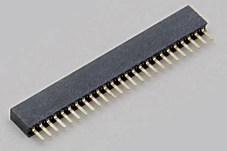 A black, rectangular pin header connector with golden metal pins arranged in a straight line.
