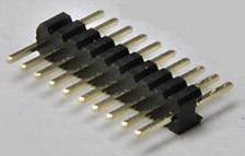 Multi-pin connector with gold contacts and a black plastic housing, positioned horizontally on a grey background.