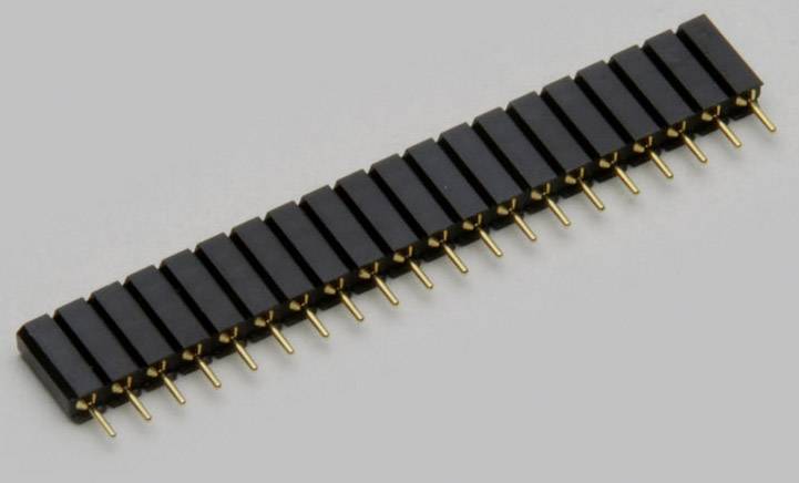 Long, rectangular electrical connector strip with multiple golden pins in a black housing. Used for connecting electronic components.