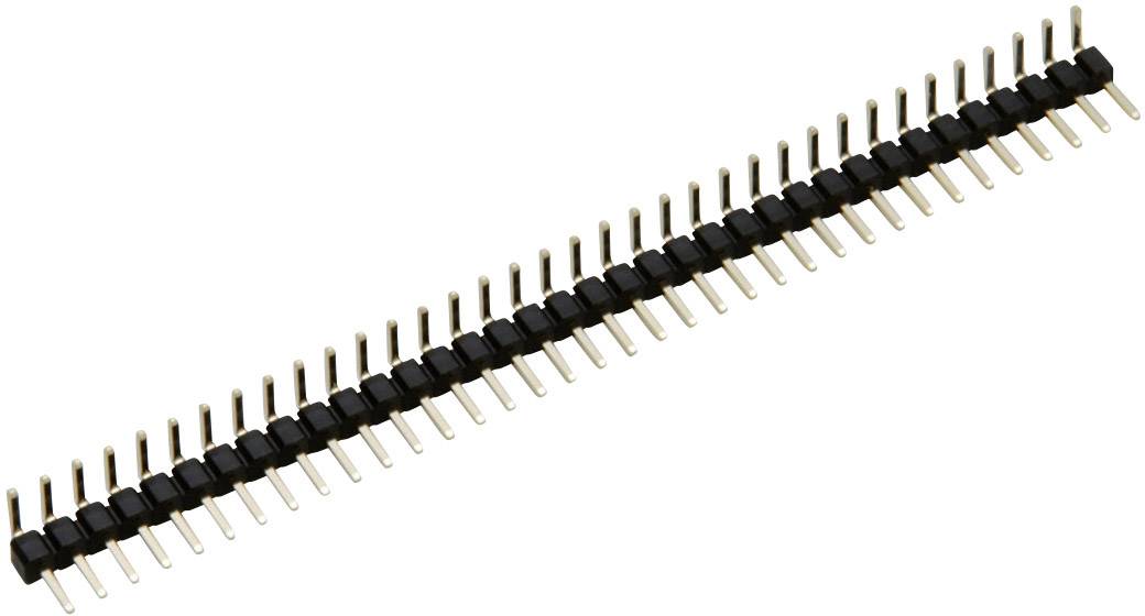 A straight, black pin header connector with multiple metal pins, used in electronic circuits to connect components.