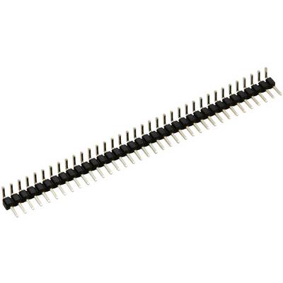 A straight, black pin header connector with multiple metal pins, used in electronic circuits to connect components.