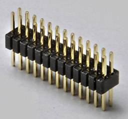 A double-sided pin header connector with metal pins for electrical connections, against a grey background.