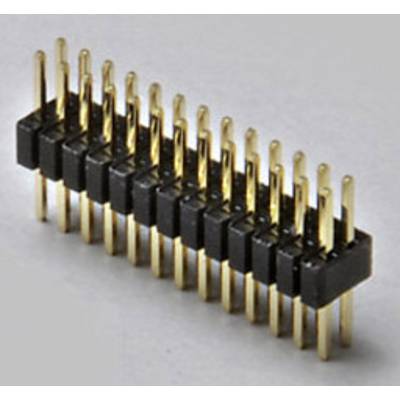 A double-sided pin header connector with metal pins for electrical connections, against a grey background.