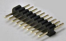 'A black and gold pin header connector with numerous parallel pins on a grey background.'