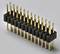 Electronic plug with two rows of gold-coloured pins, used for connecting electronic components.
