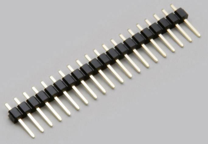 A single pin header connector with 18 golden pins attached to a black plastic separator, on a grey background.
