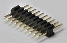 Connector pin strip with black plastic housings and golden pins arranged in two rows.