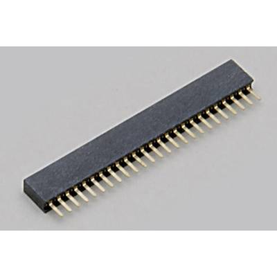 An electronic connector with a row of gold-coloured pins on a grey background.