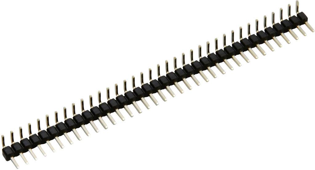 A long, rectangular pin header connector with multiple metallic pins used for electronic connections.