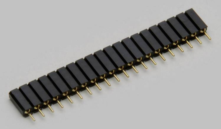 Black and gold connector with 20 pins, arranged in a single row. Typically used in electronic circuits and devices.